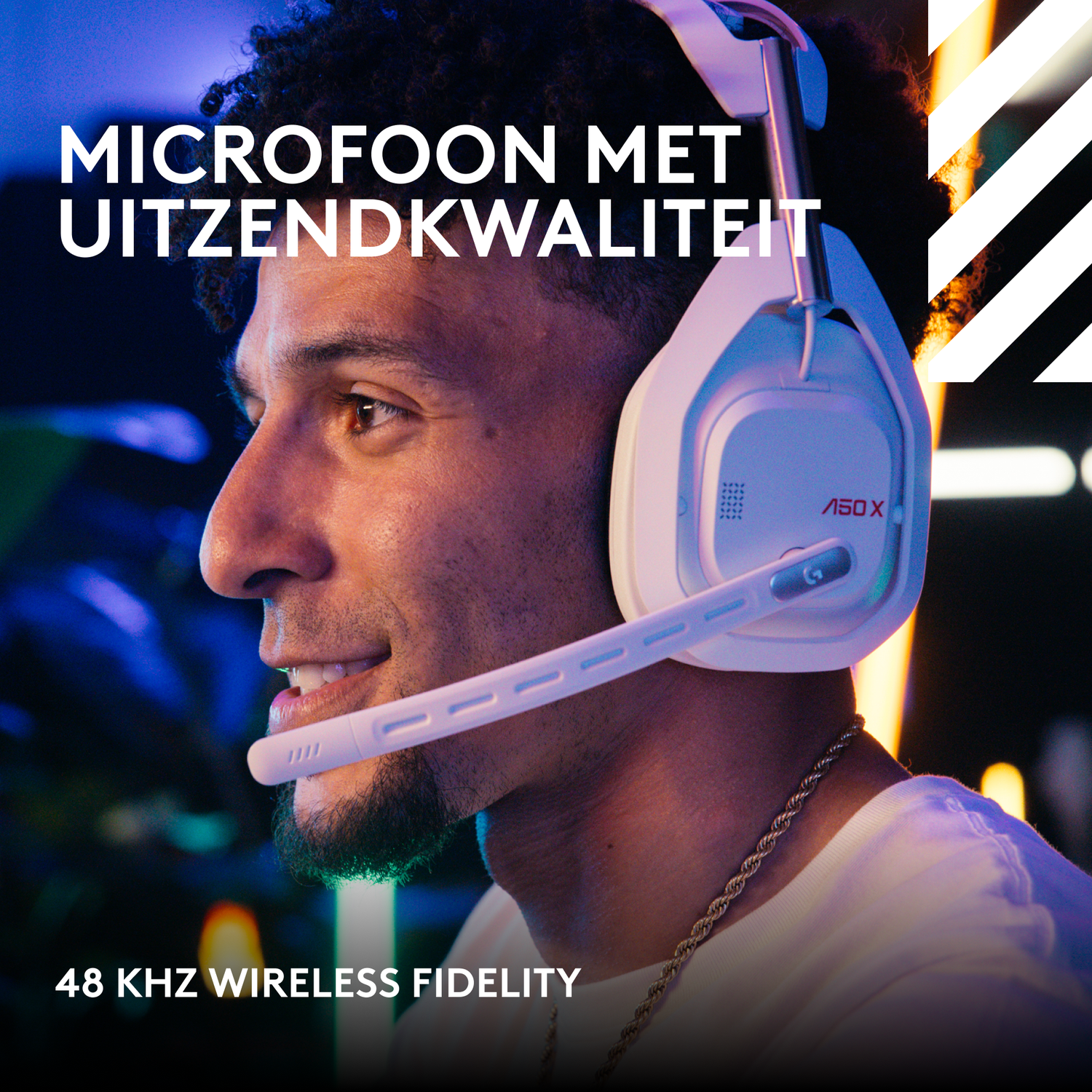 A man wearing a white headset smiles. Text reads "Microfoon met uitzendkwaliteit" and "48 kHz wireless fidelity".