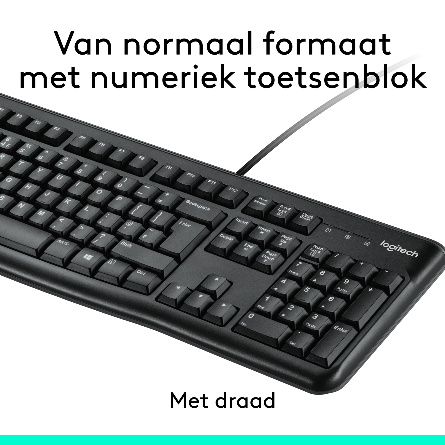 Zwart Logitech-toetsenbord met numeriek toetsenblok en bedrade verbinding. Nederlandse tekst boven en onder.