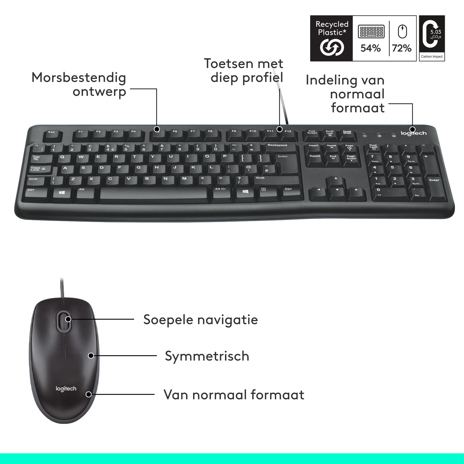 Een zwarte Logitech toetsenbord- en muisset. Het toetsenbord heeft een standaard lay-out. De muis is symmetrisch. Het heeft een gerecycled plastic label.