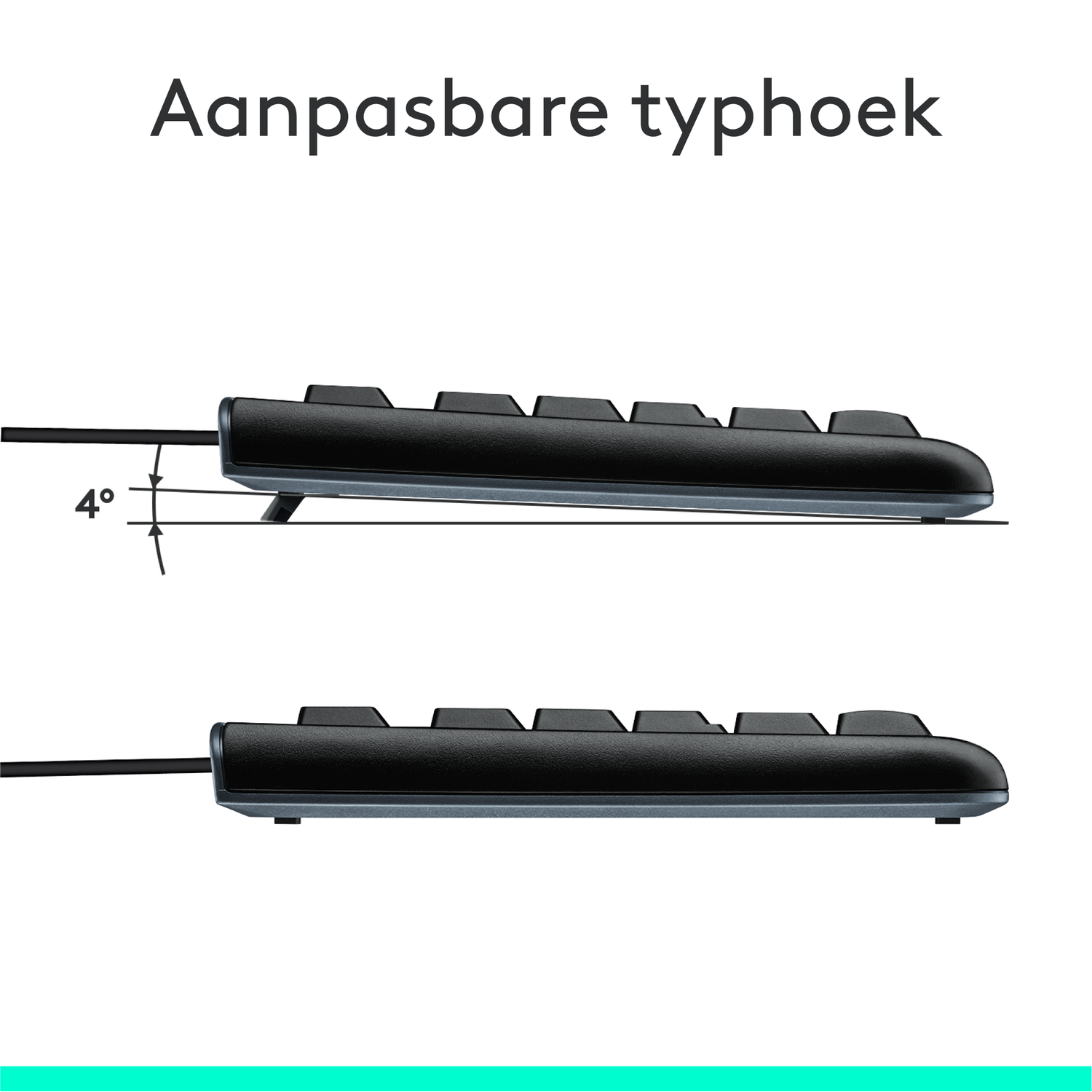 Twee zwarte toetsenborden in verschillende hoeken. Boven, onder een hoek van 4 graden. Onder, plat. Tekst: 'Instelbare typehoek'.