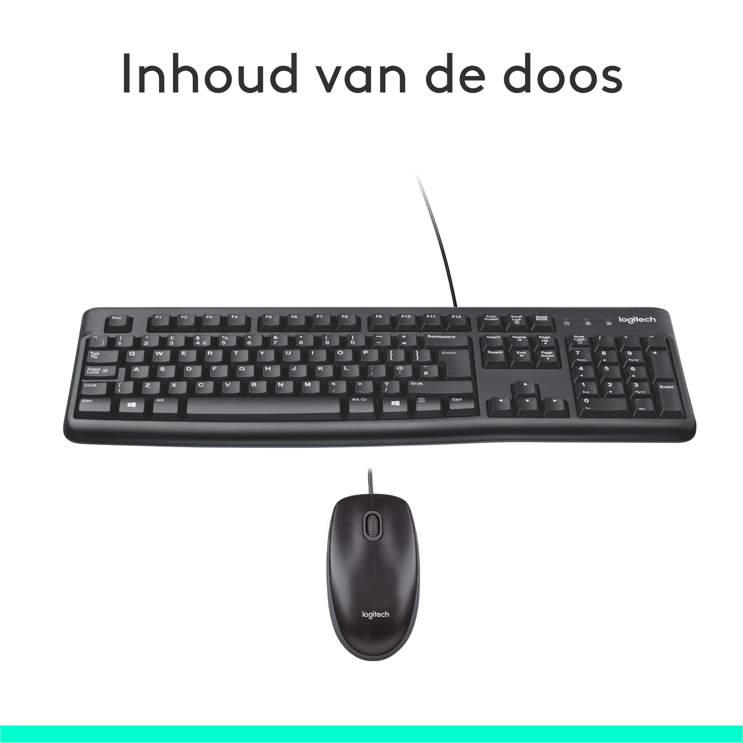 Een zwart Logitech toetsenbord en muis op een witte achtergrond. Het toetsenbord heeft toetsen en een kabel. De muis staat onder het toetsenbord.
