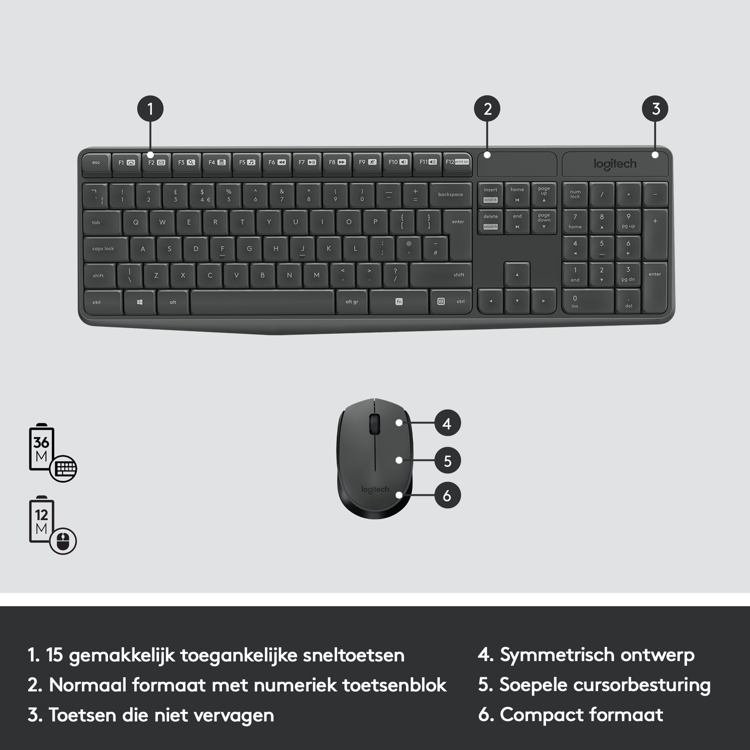 Een donkergrijze Logitech toetsenbord- en muisset. Kenmerken zijn een numeriek toetsenbord en sneltoetsen. De muis is symmetrisch.