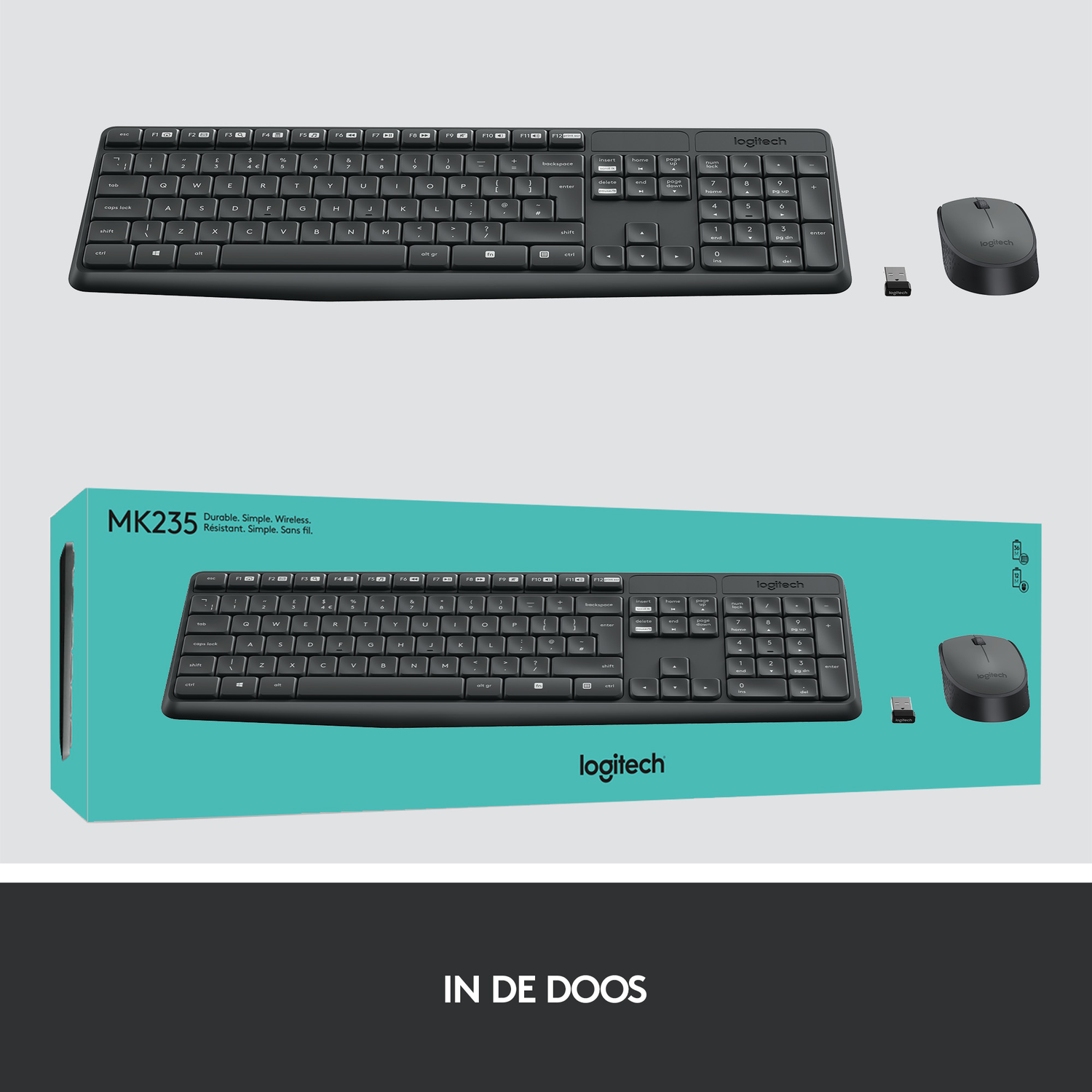 Een zwarte Logitech toetsenbord- en muisset. Het toetsenbord staat bovenop, een boxed set eronder. Tekst: IN DE DOOS.