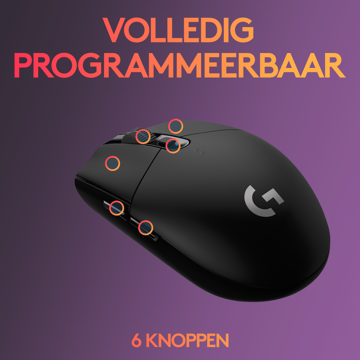 A black Logitech mouse with orange highlights, labeled '6 buttons' and 'Fully programmable'.