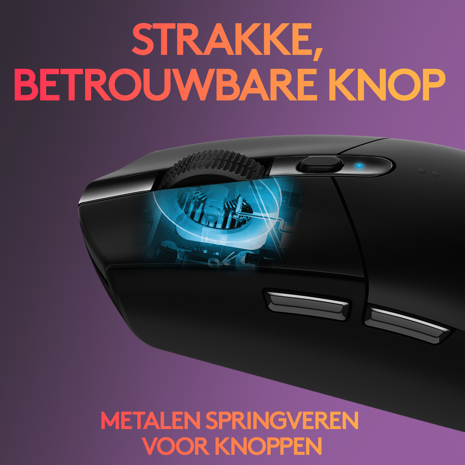 A black mouse with visible internal components. Text reads 'STRAKKE, BETROUWBARE KNOP' and 'METALEN SPRINGVEREN VOOR KNOPPEN'.