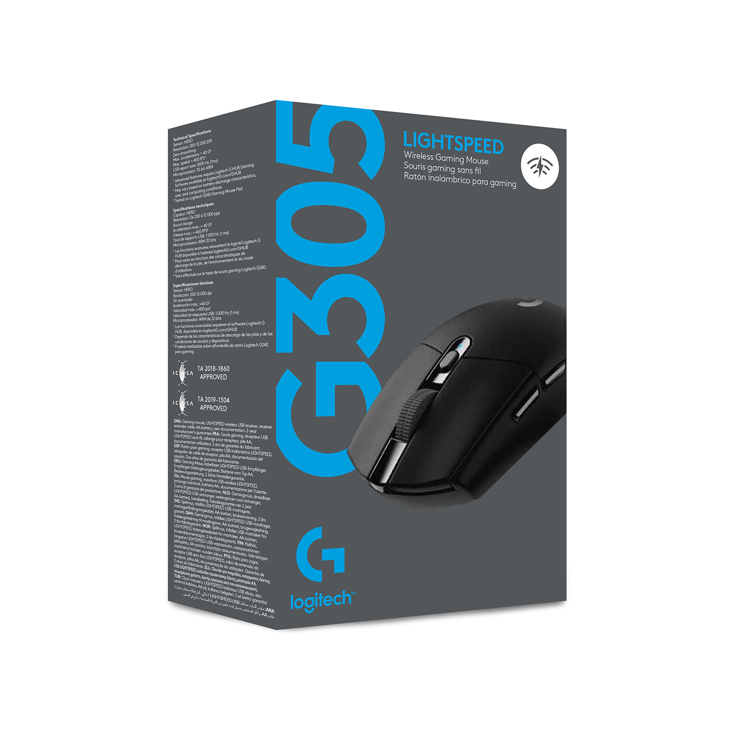A black Logitech G305 wireless gaming mouse on a gray box with blue accents and text.