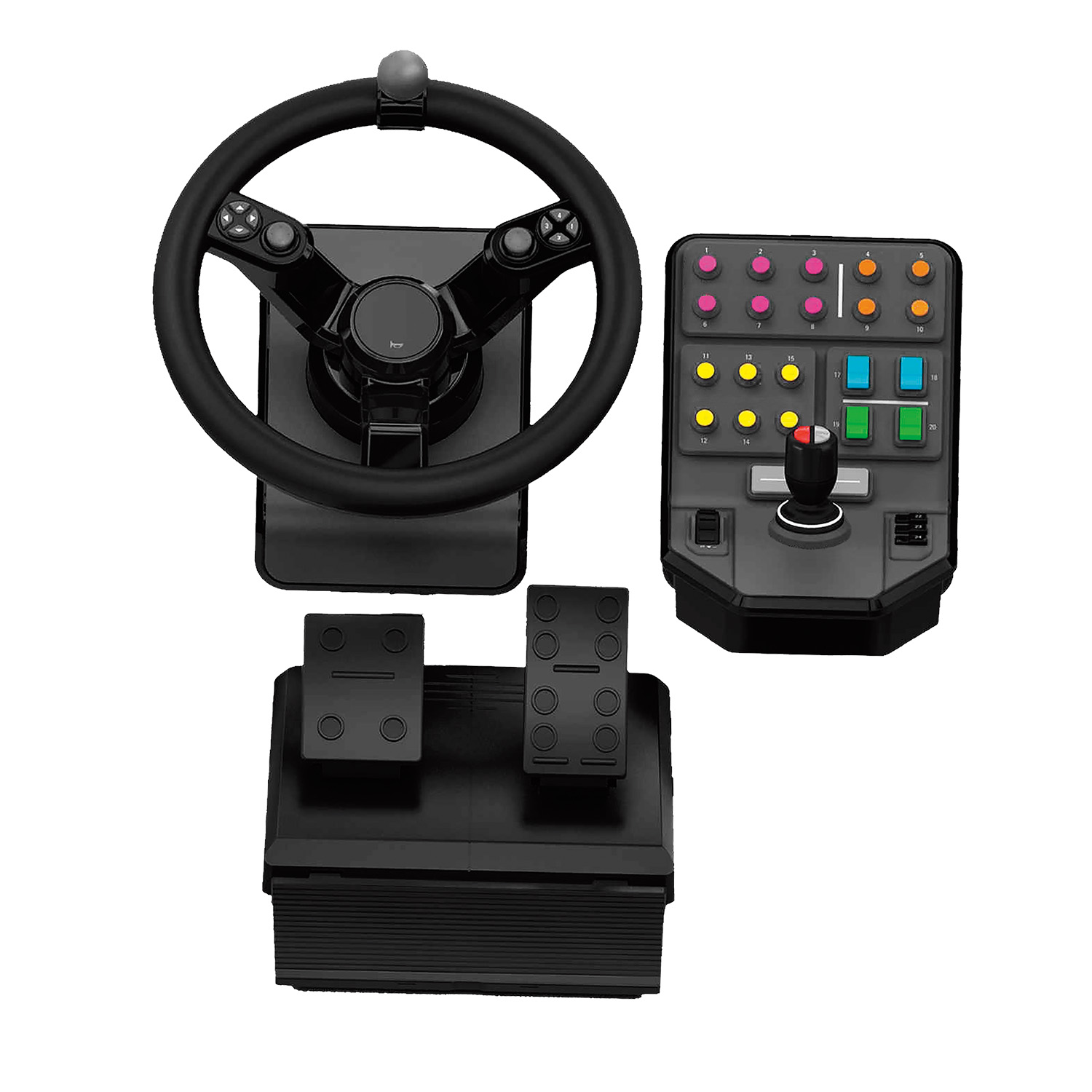 Een zwart gaming stuurwiel, bedieningspaneel met knoppen en pedalen op witte achtergrond.