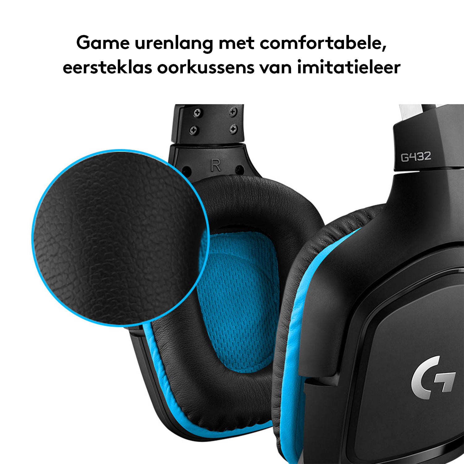 Zwarte en blauwe gamingheadset. Close-up toont de oorschelpen en het G-logo. Comfortabele oorkussens van imitatieleer.