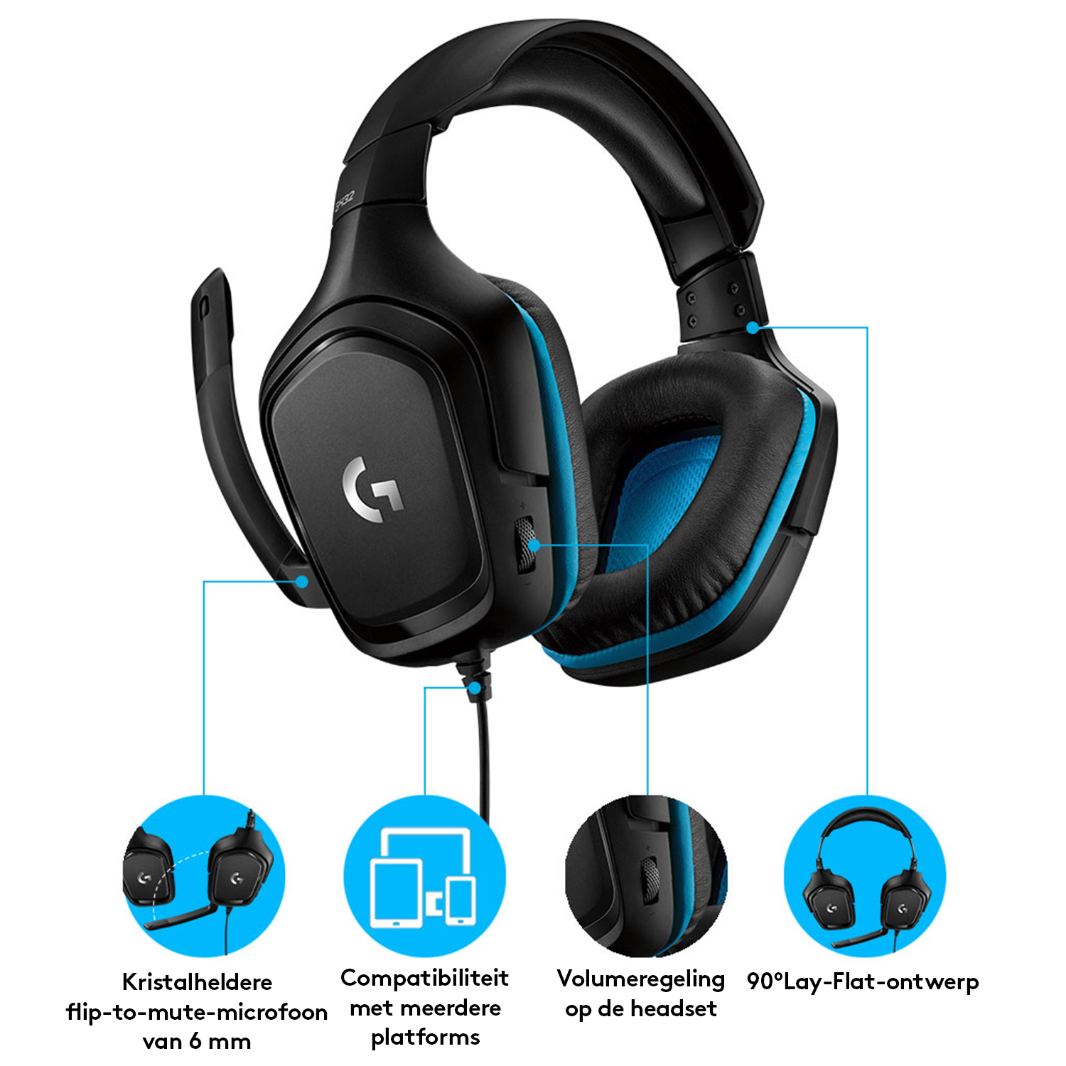 Zwarte en blauwe gamingheadset met flip-to-mute microfoon, volumeregeling en compatibiliteitsdetails. Iconen geven functies aan.