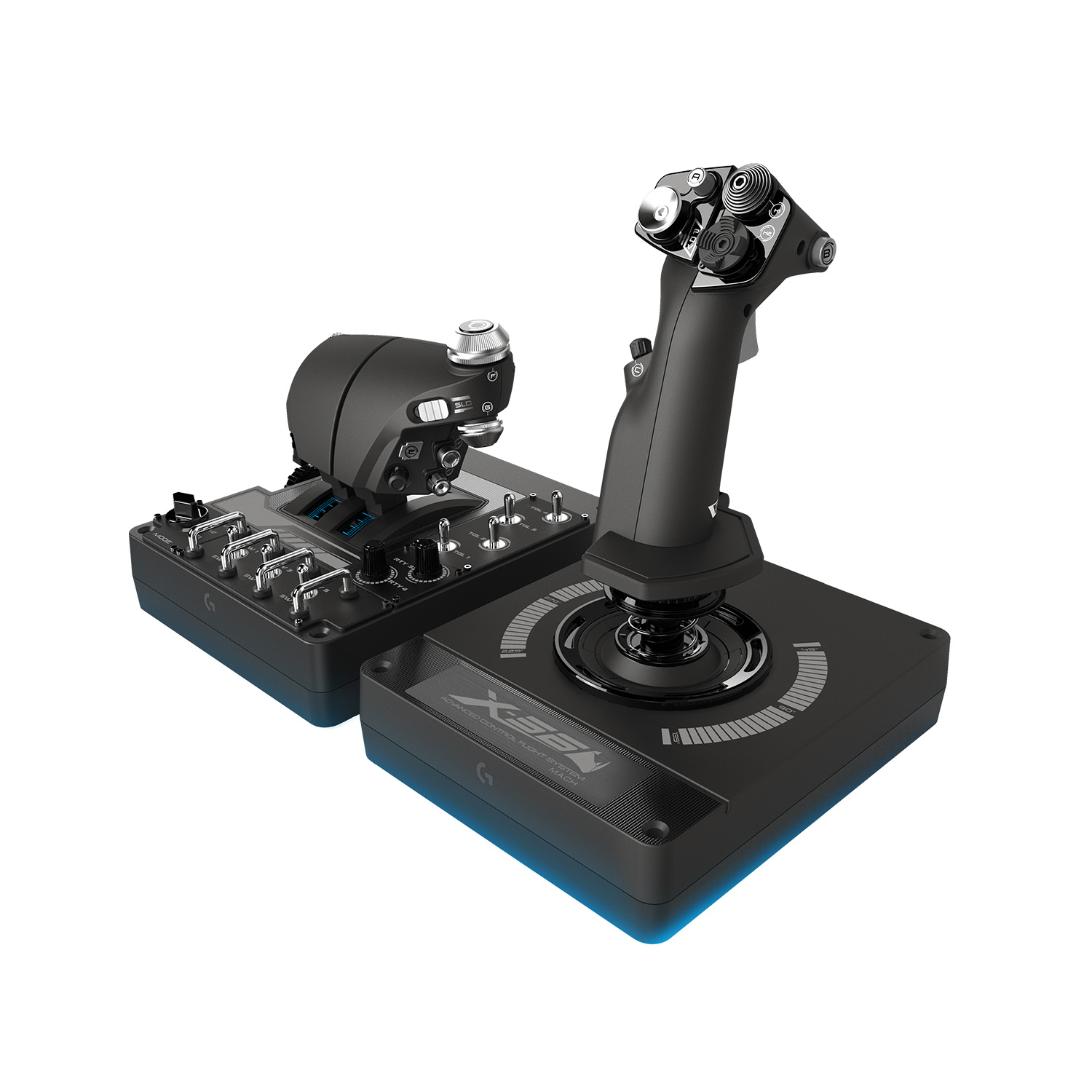 Black flight simulator joystick and throttle on white background. The joystick has several buttons and a throttle. The base glows blue.