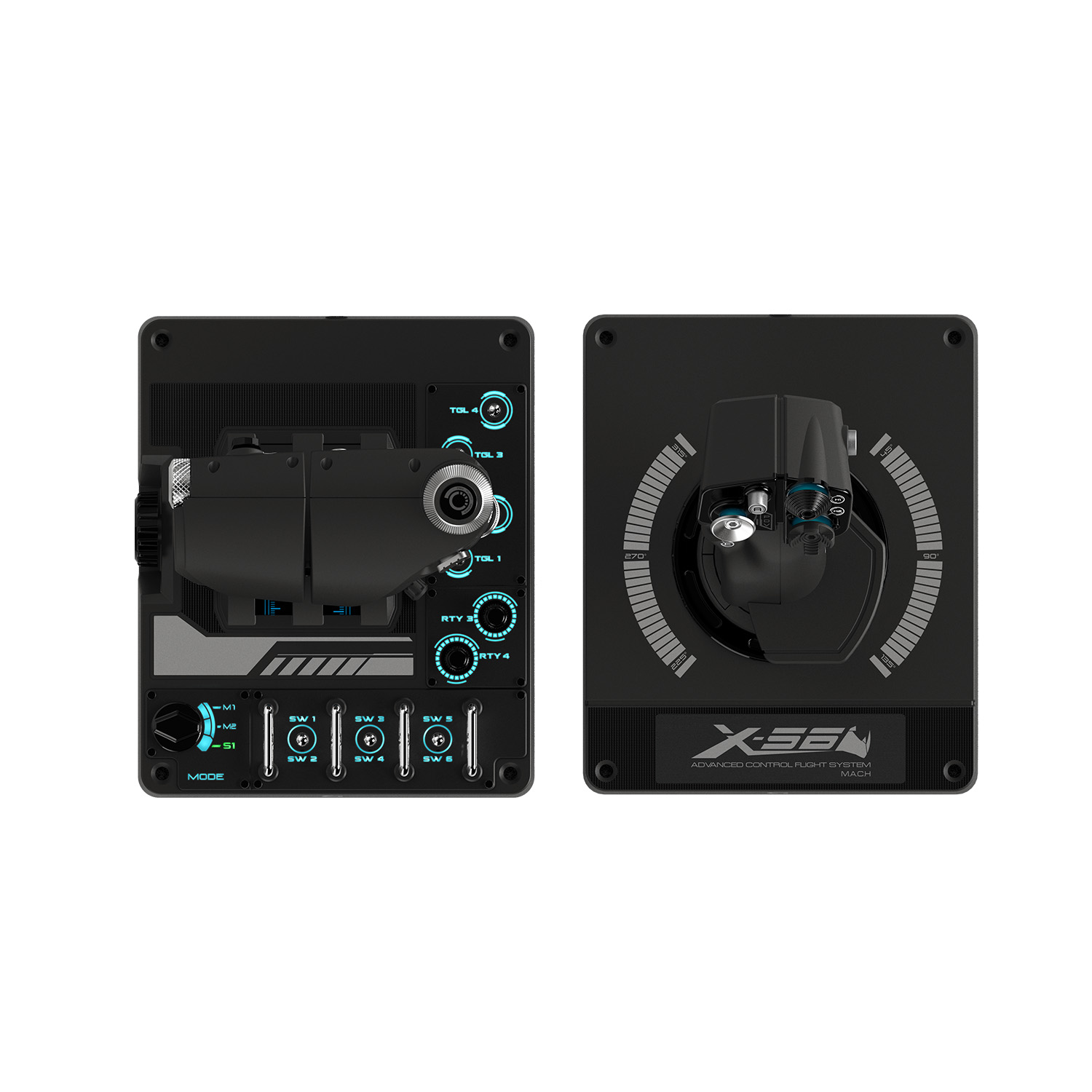 Black control panel with buttons and dials. One panel shows a joystick and the other has switches and labels like TGL and SW.