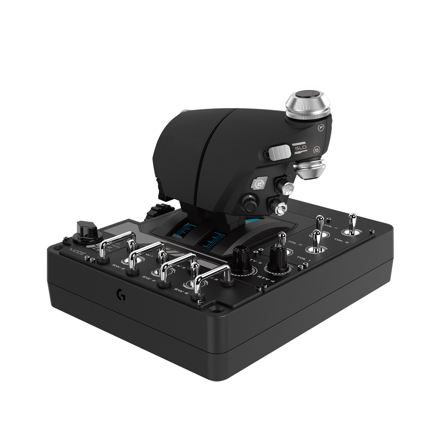 A black and silver flight stick with multiple buttons, switches, and a throttle. It is set against a white background.