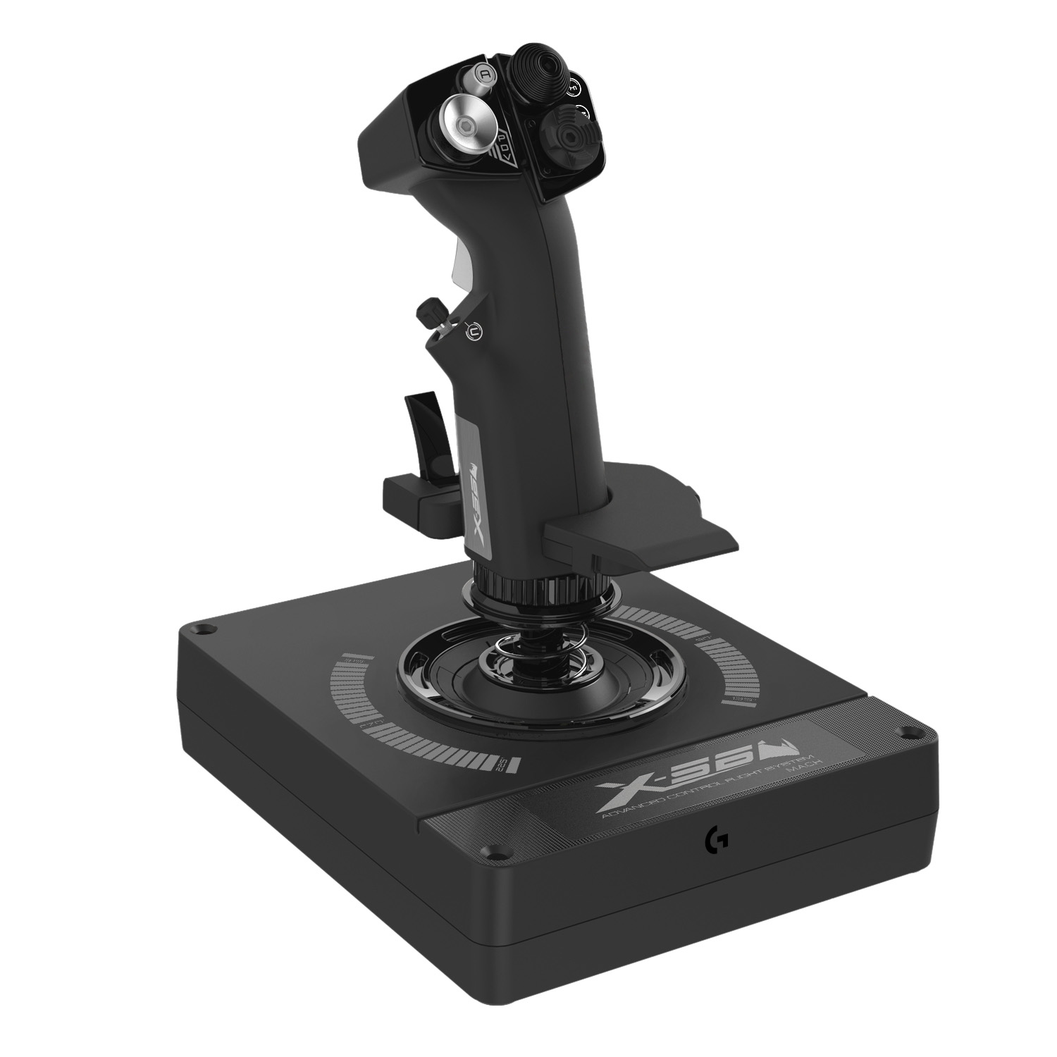 A black flight stick on a black base. It has buttons, a trigger, and a spring mechanism. The base has markings.