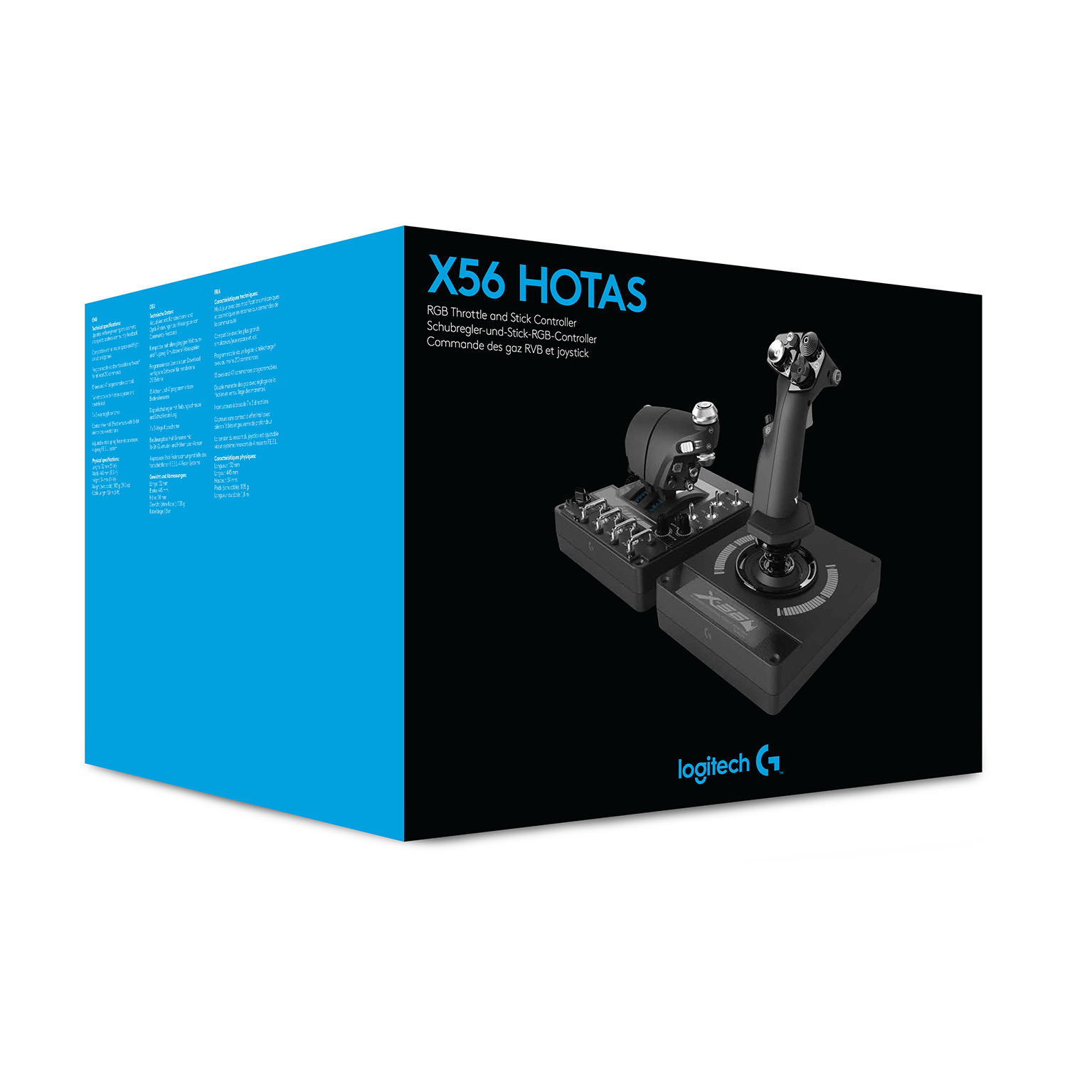 A box with the X56 HOTAS, a gaming controller with a joystick and throttle, on a black background.
