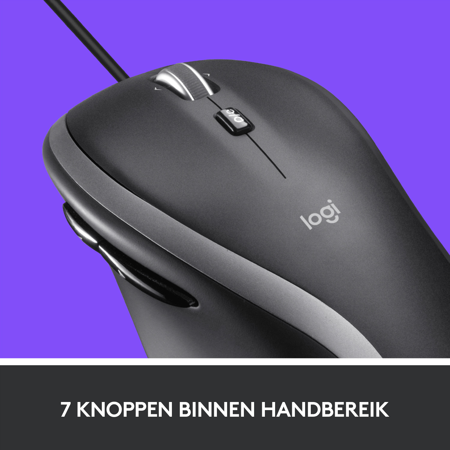 A black Logitech mouse on a purple background. It has a scroll wheel and DPI button. The logo is visible.