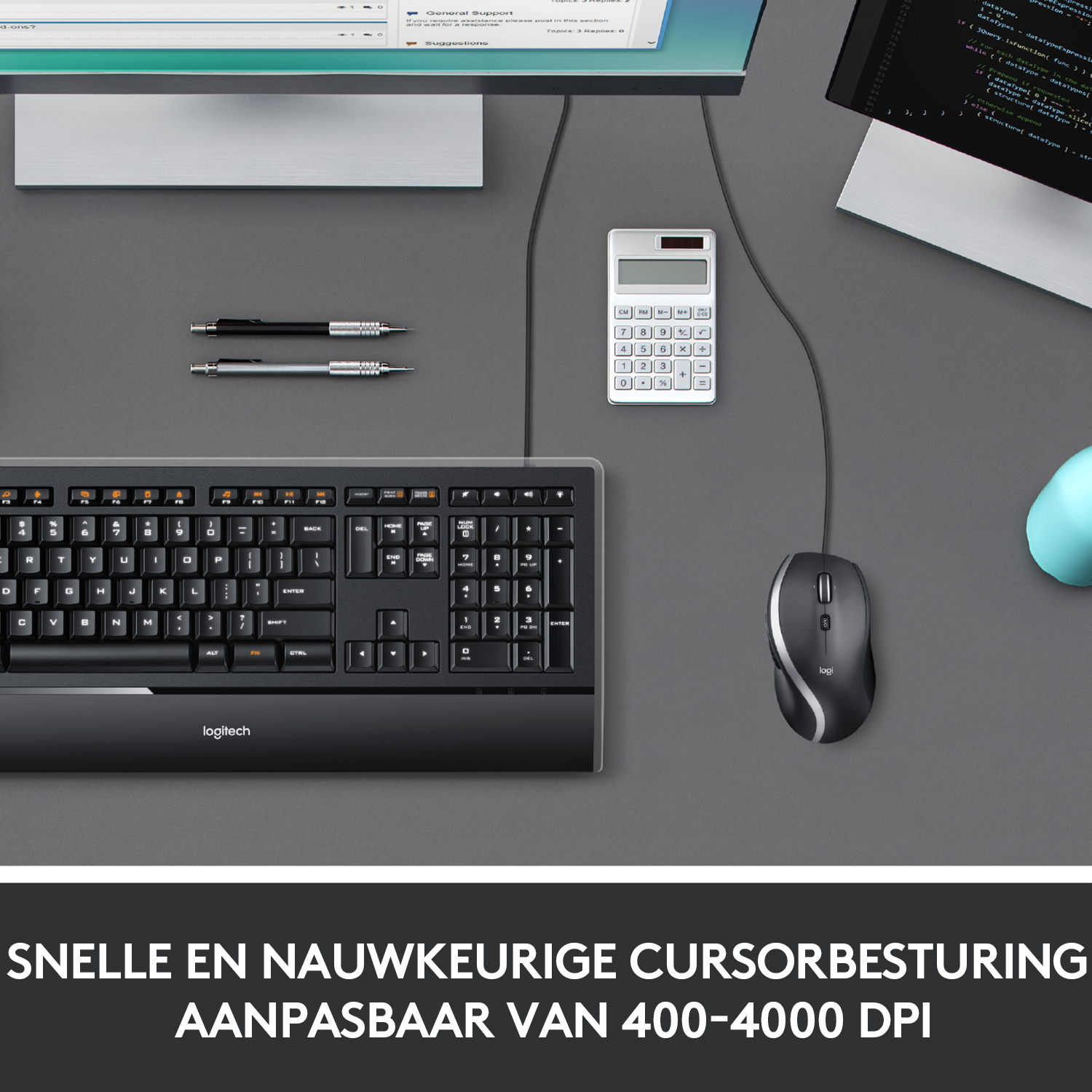 A desk setup with a keyboard, mouse, calculator, and monitors. Text says cursor control, adjustable from 400-4000 DPI.