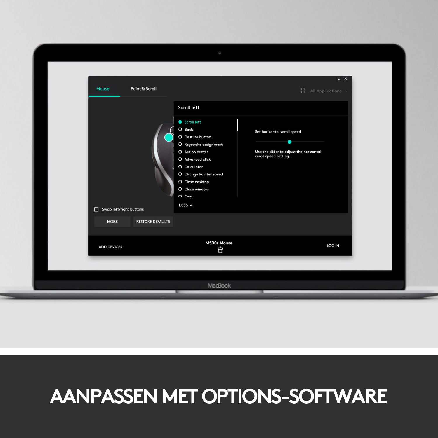A MacBook displays a mouse customization interface. Options include scrolling, button settings, and speed adjustments, with a graphic of a mouse.