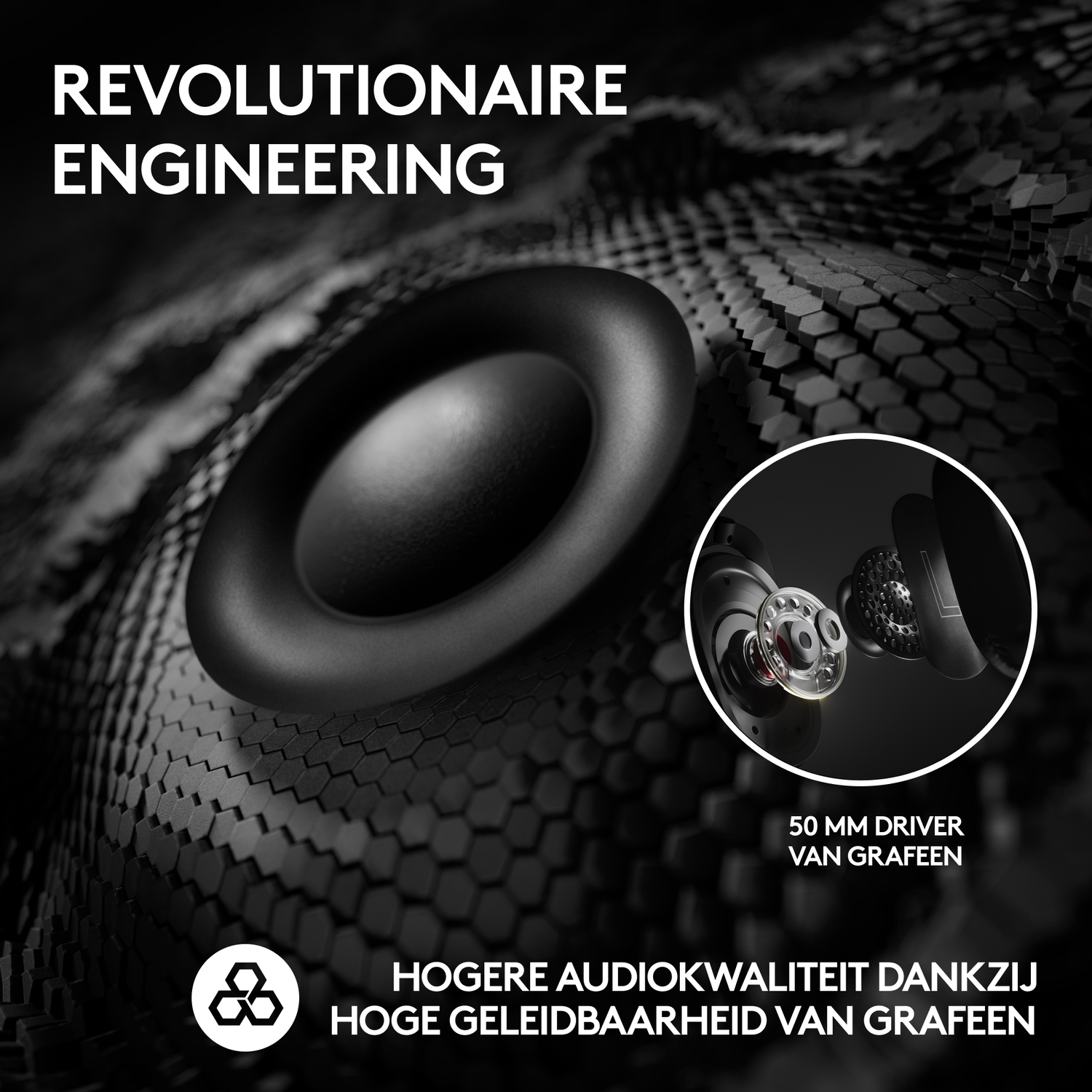 An image of a speaker with text, including "REVOLUTIONAIRE ENGINEERING" and "50 MM DRIVER VAN GRAFEEN". It also shows a logo.