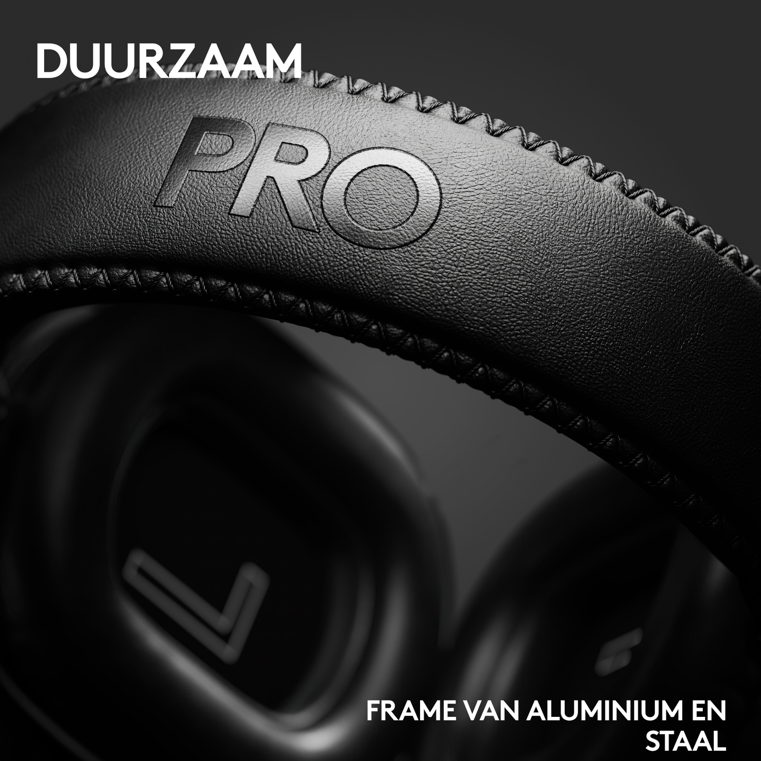 Close-up of black headphones with 'PRO' embossed on the headband. Text at the top says 'DUURZAAM'. Text at the bottom: 'FRAME VAN ALUMINIUM EN STAAL'.