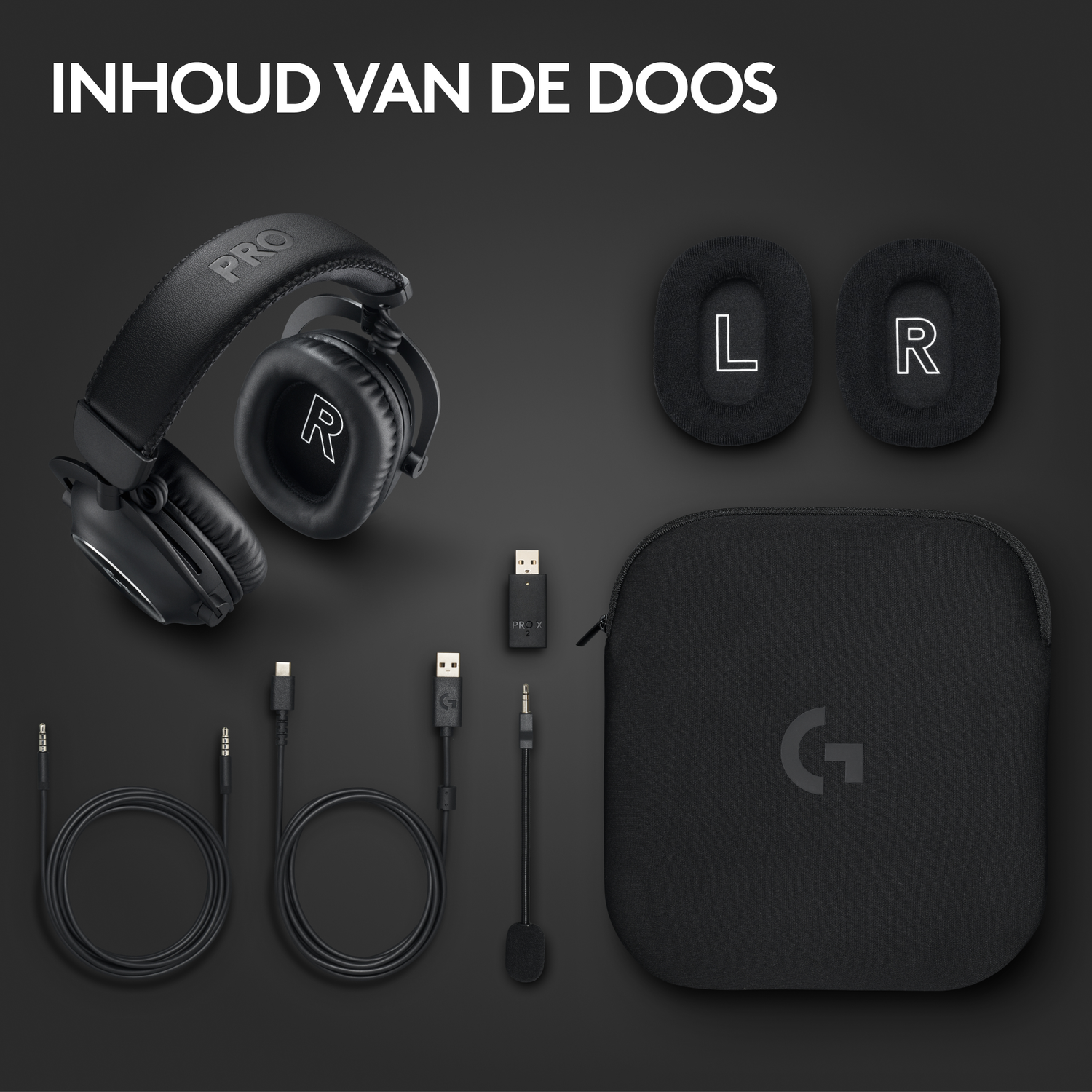 Black Logitech Pro X headset with ear pads, cables, dongle, microphone, and carrying case on a dark gray background.