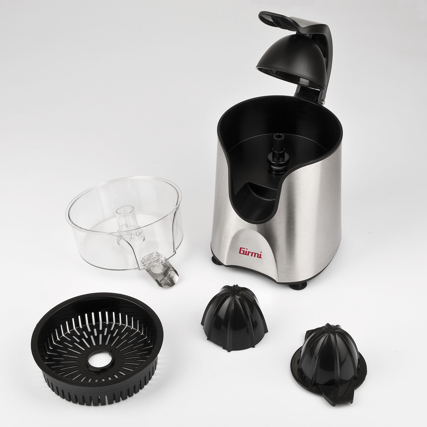 Spremiagrumi argento e nero smontato su sfondo bianco. Componenti: corpo, ciotola, filtro e reamer.