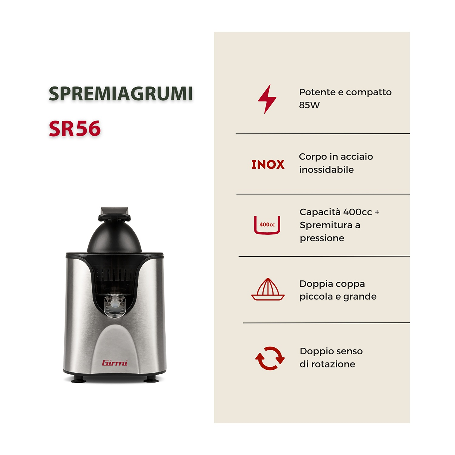 Uno spremiagrumi argento e nero con testo: Spremiagrumi SR56. Caratteristiche: acciaio inossidabile, capacità 400cc, doppia coppa.