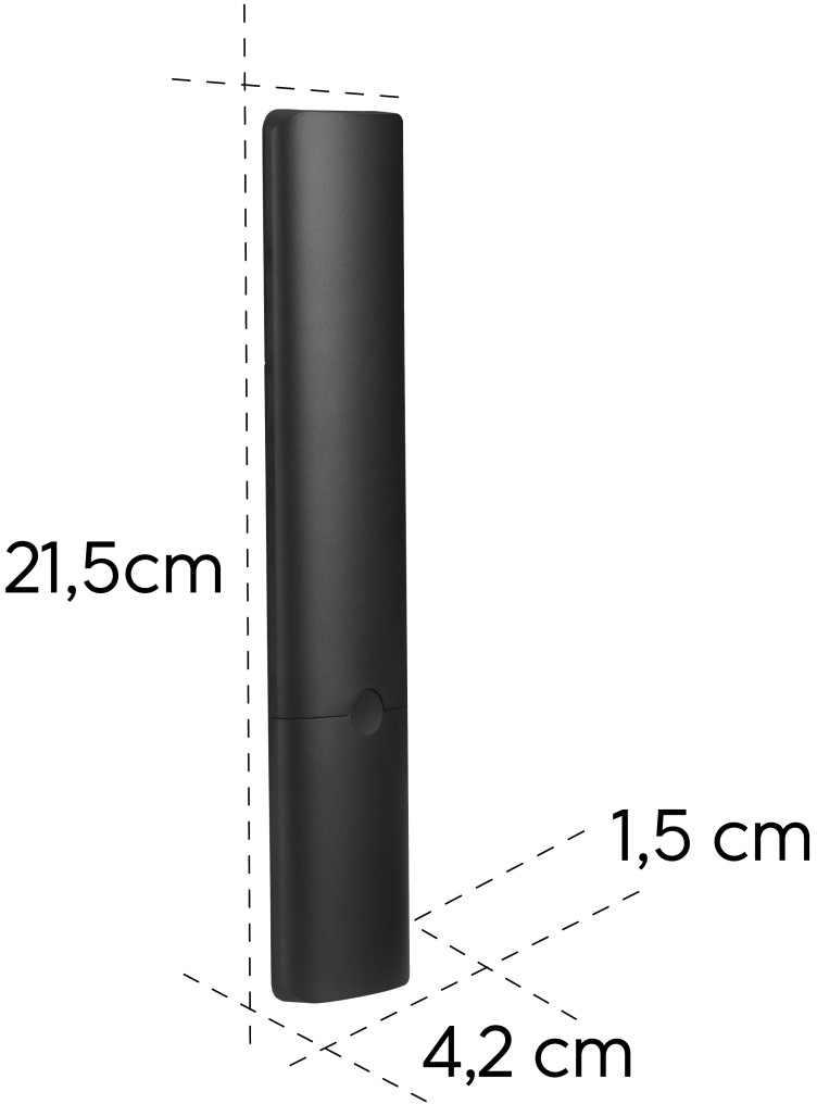 Egy fekete távirányító. A méretek 21,5 cm hosszúak, 4,2 cm szélesek és 1,5 cm vastagok. Egy gomb látható az elején.