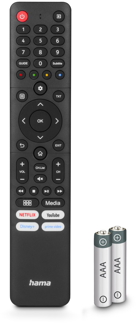 Egy fekete TV távirányító számokkal, gombokkal és egy bekapcsológombbal. Két AAA elem van mellette.