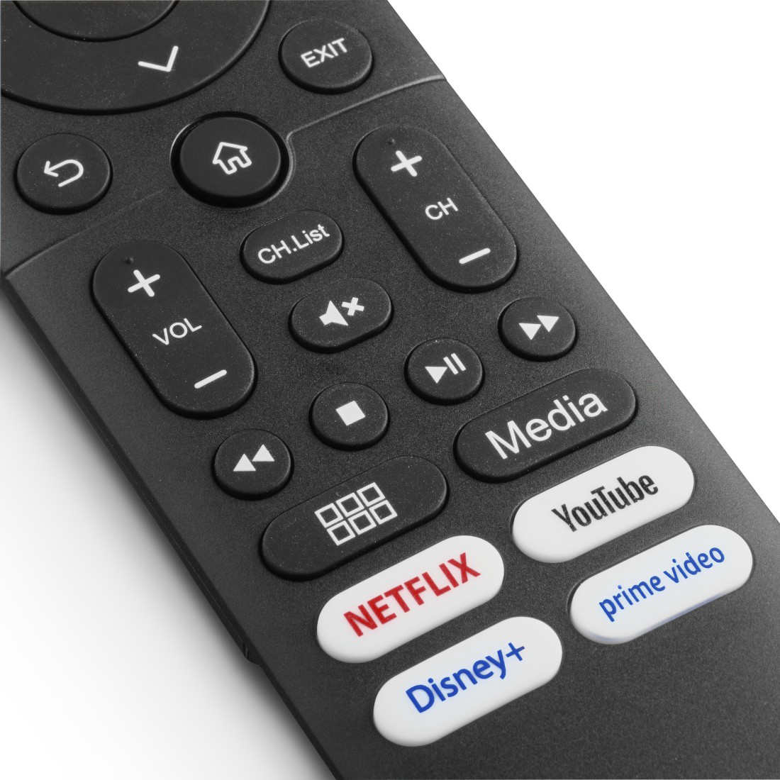 Egy fekete távirányító hangerő-, csatorna-, média- és streaming szolgáltatások gombjaival, mint a Netflix, YouTube és Prime Video.