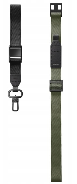 Pokazano dwa paski do aparatu. Jeden jest czarny, z klamrą i klipsem. Drugi jest oliwkowy, z klamrą i skórzanym detalem.