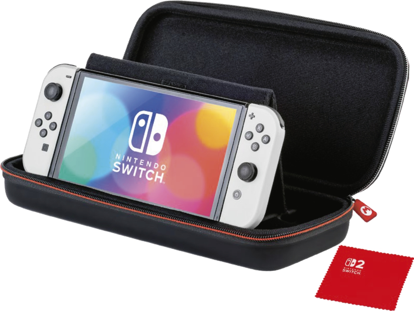 Nintendo Switch in una custodia nera. La console è bianca con il logo sullo schermo. Un panno rosso per la pulizia è a destra.