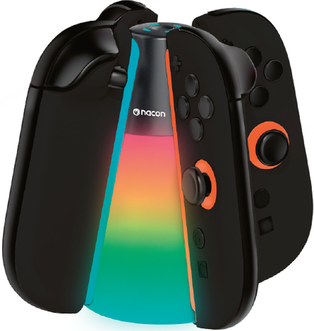 Controller di gioco neri con dettagli arancioni e una striscia luminosa che cambia colore. Logo Nacon visibile. Pulsanti e joystick presenti.