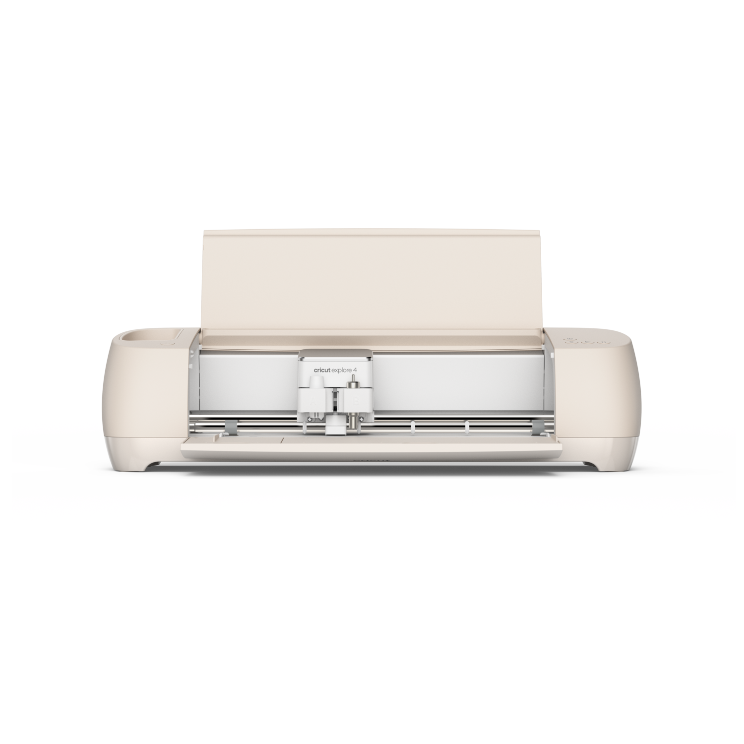 A cream-colored Cricut Explore 4 machine is centered against a black background. The machine's lid is open, revealing the interior.