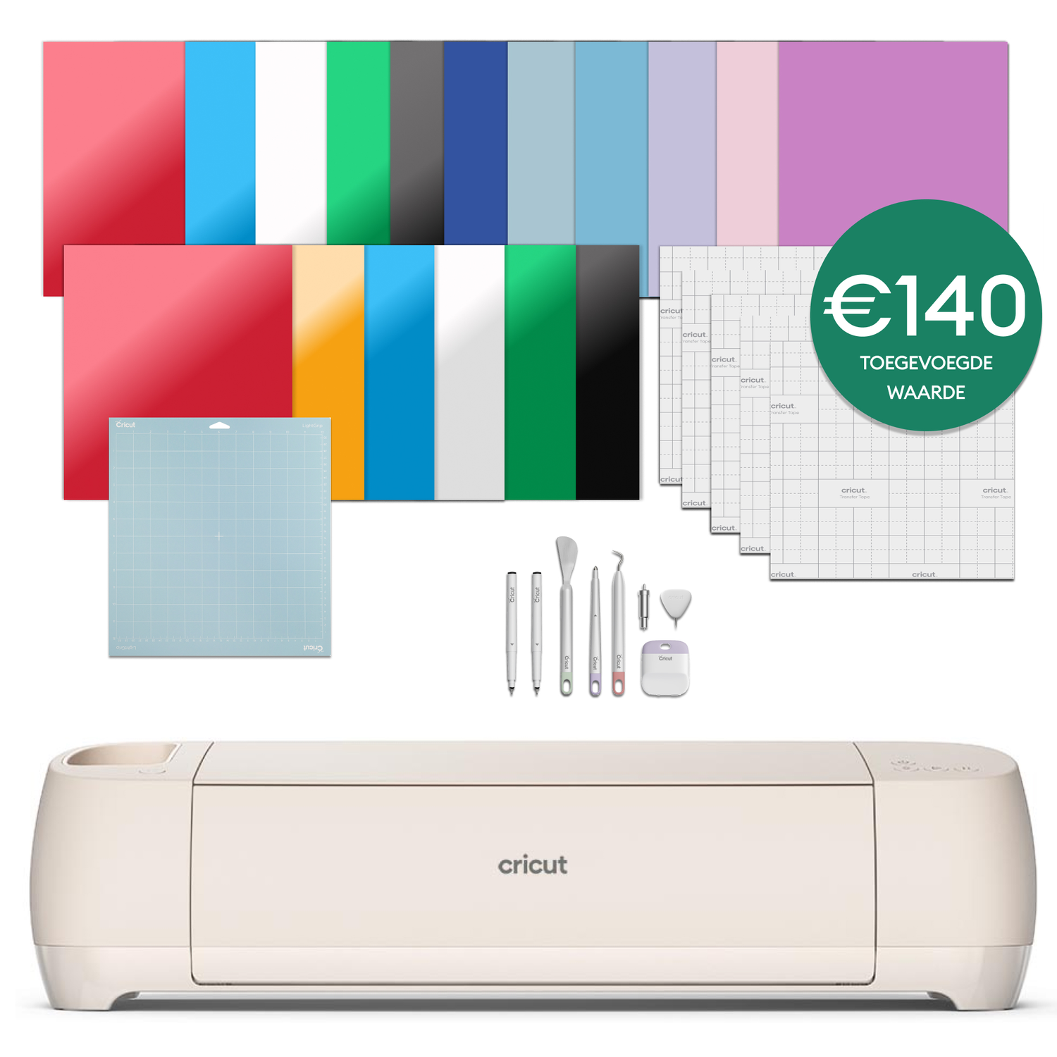 A Cricut machine with various crafting materials: colored papers, cutting mats, tools, and a green circle with €140 value.