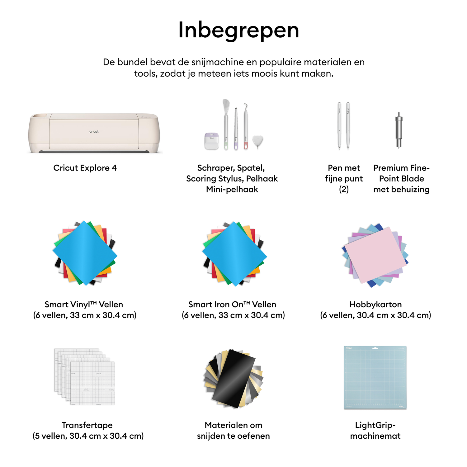 Image shows crafting supplies: a Cricut machine, cutting tools, various colored vinyl sheets, and a cutting mat.