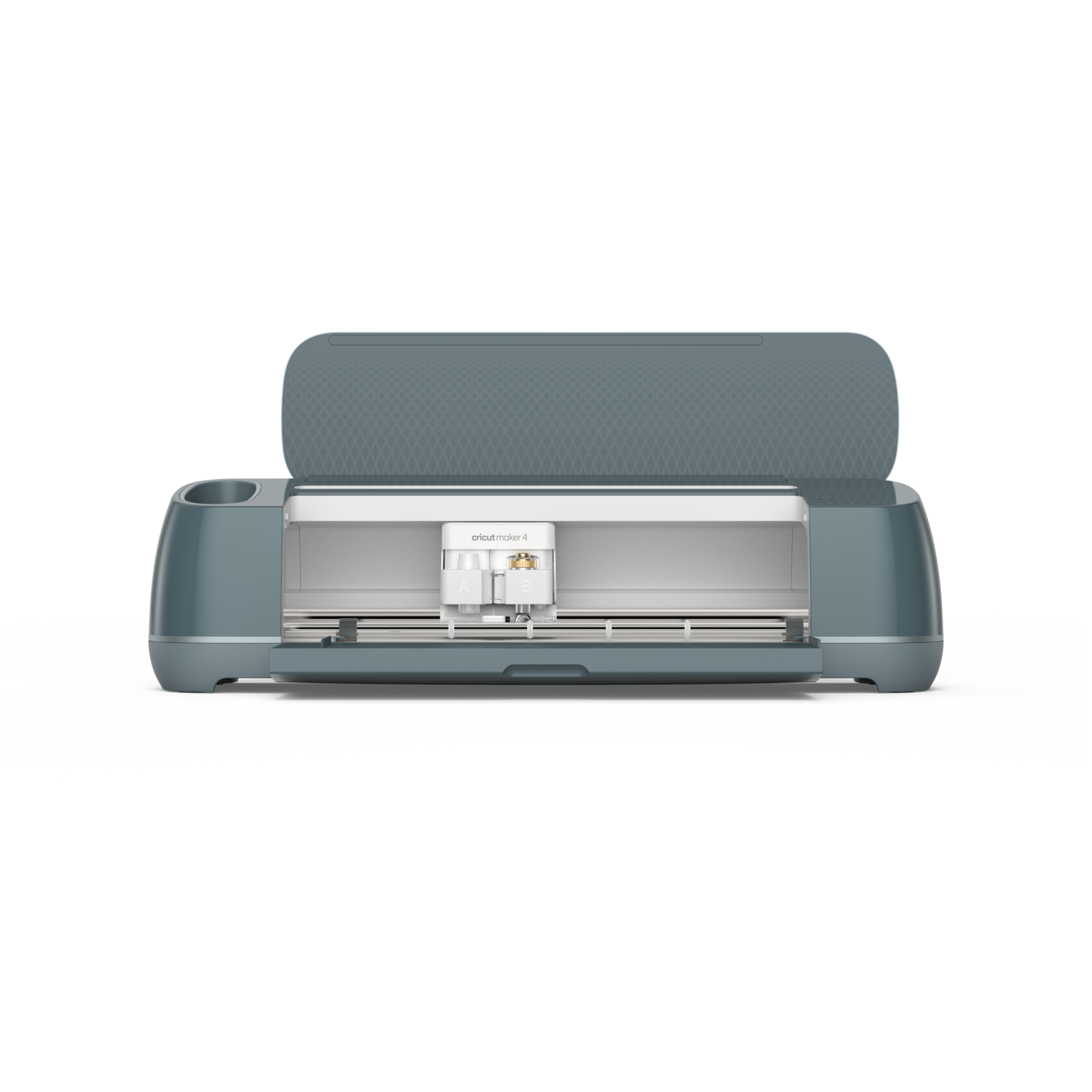 A teal Cricut Maker 4 machine, open, showing the cutting blade and internal components against a white interior.