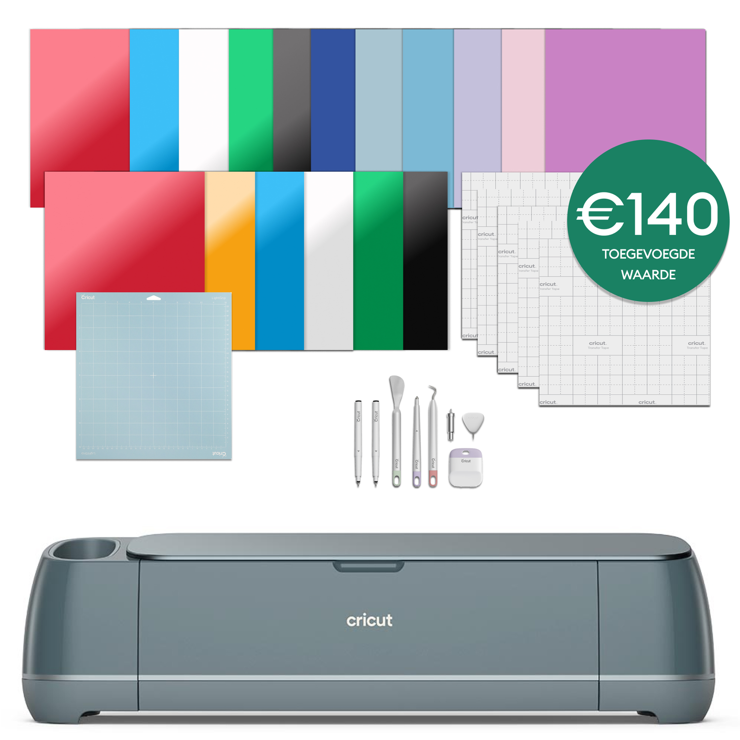 A Cricut machine with various craft supplies: colored sheets, cutting mats, tools, and a €140 value sticker.