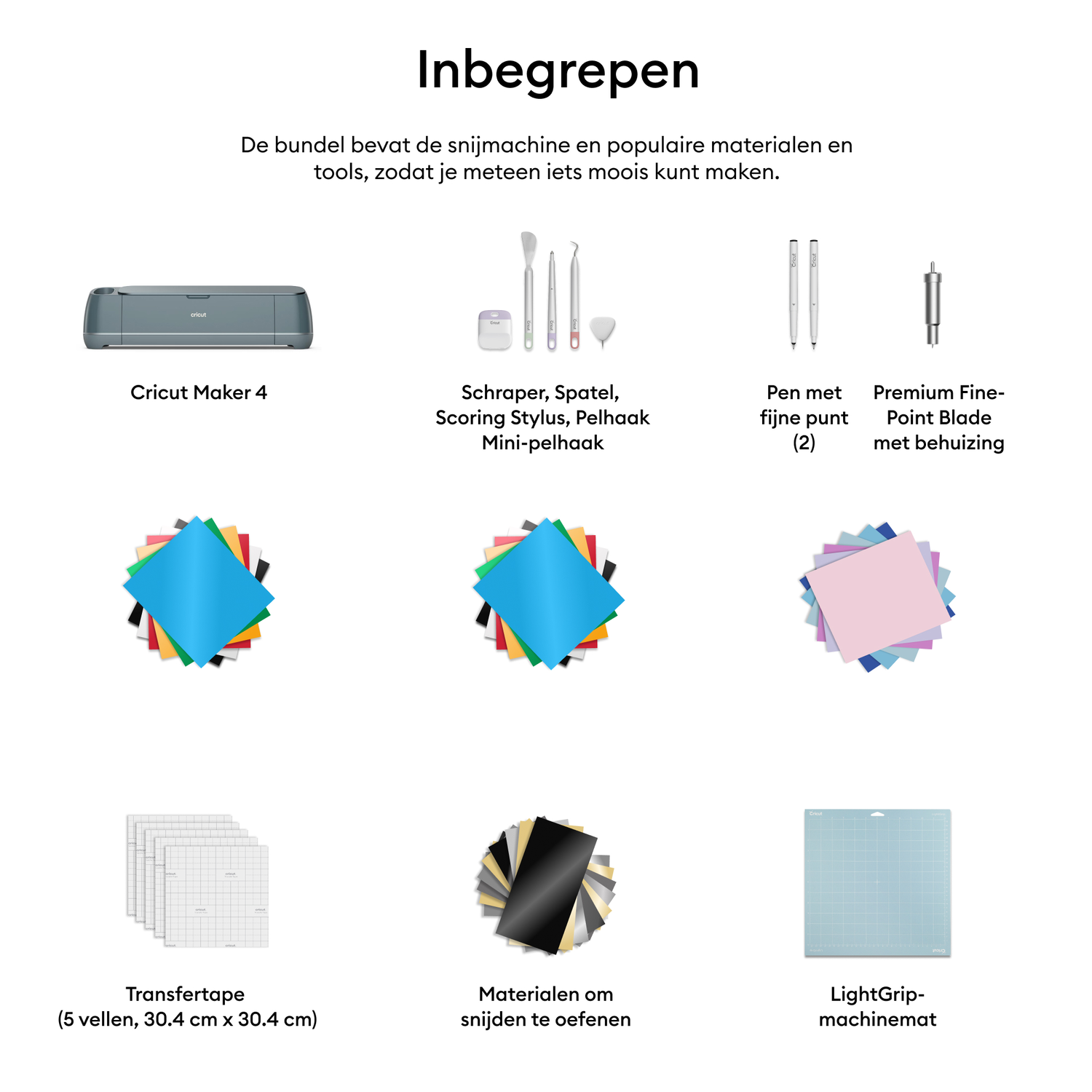 Image shows a Cricut Maker 4, tools, and materials for crafting. Includes paper, blades, and a cutting mat. Text in Dutch.