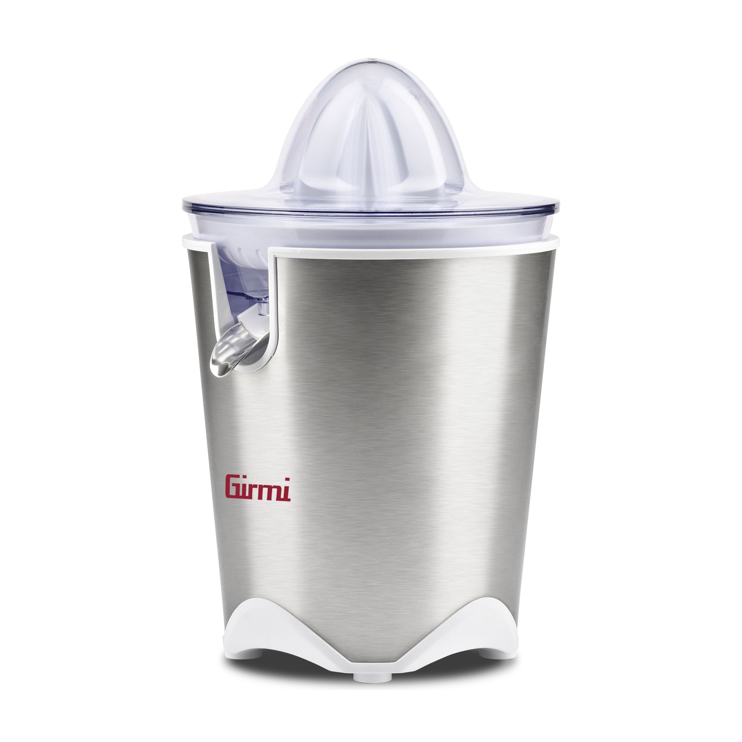 Uno spremiagrumi elettrico argentato con un coperchio in plastica trasparente. Ha una base bianca e il marchio "Girmi" in rosso.