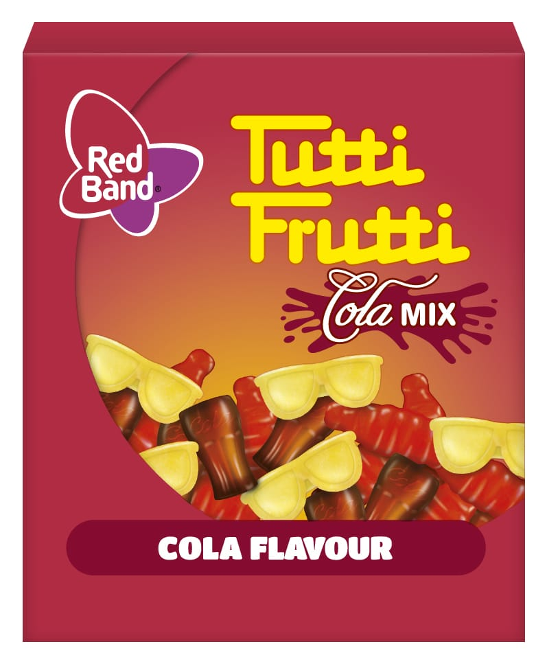 Red Band Tutti Frutti Cola Mix cukorkás zacskó. Gumicukrot tartalmaz napszemüveg és kólásüveg formában. Cola ízű.