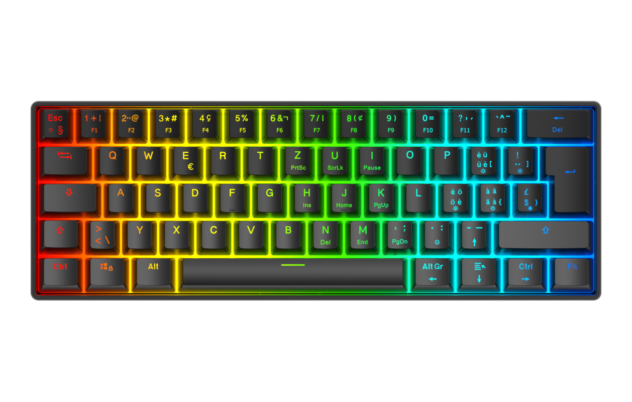 Kompakte, regenbogenfarbene Tastatur. Tasten sind schwarz mit weißen Buchstaben und Symbolen. Die Ränder sind ebenfalls regenbogenfarben.