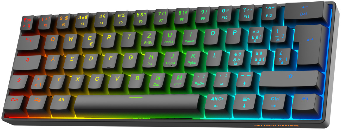 Kompakte Gaming-Tastatur mit grauen Tasten und bunter LED-Hintergrundbeleuchtung.