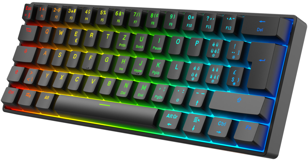 Eine graue, beleuchtete mechanische Tastatur mit farbigen Tasten. Buchstaben und Symbole sind weiß, die Tasten haben einen Regenbogen.