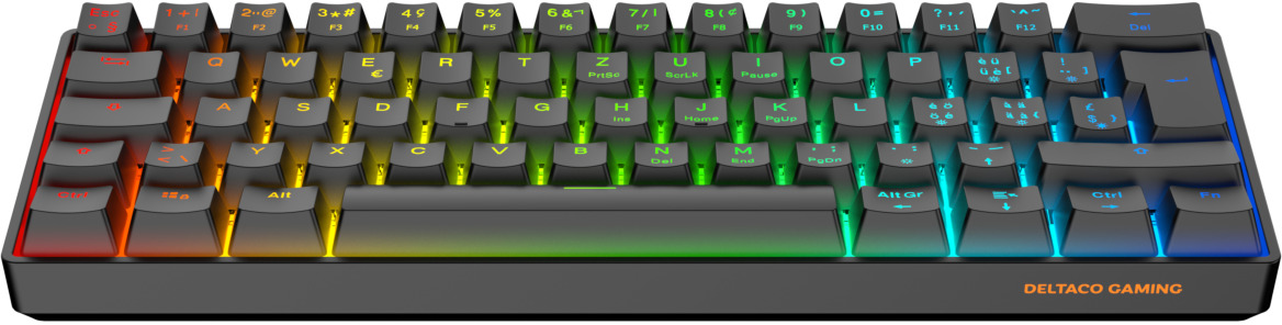 Schwarze Deltaco Gaming-Tastatur mit regenbogenfarbenen beleuchteten Tasten. Tasten sind mit Buchstaben, Zahlen und Symbolen beschriftet.