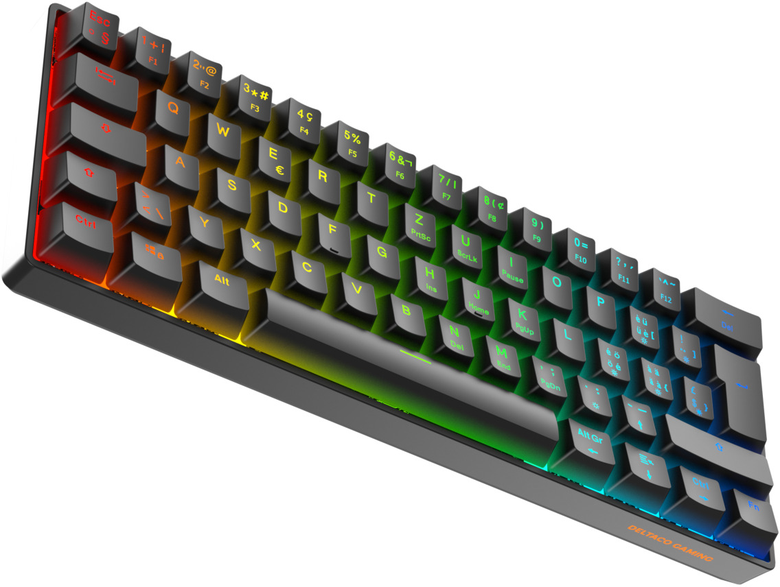 Eine schwarz-graue mechanische Tastatur mit RGB-Beleuchtung. Die Tasten sind mit weißen Buchstaben und Symbolen beschriftet.