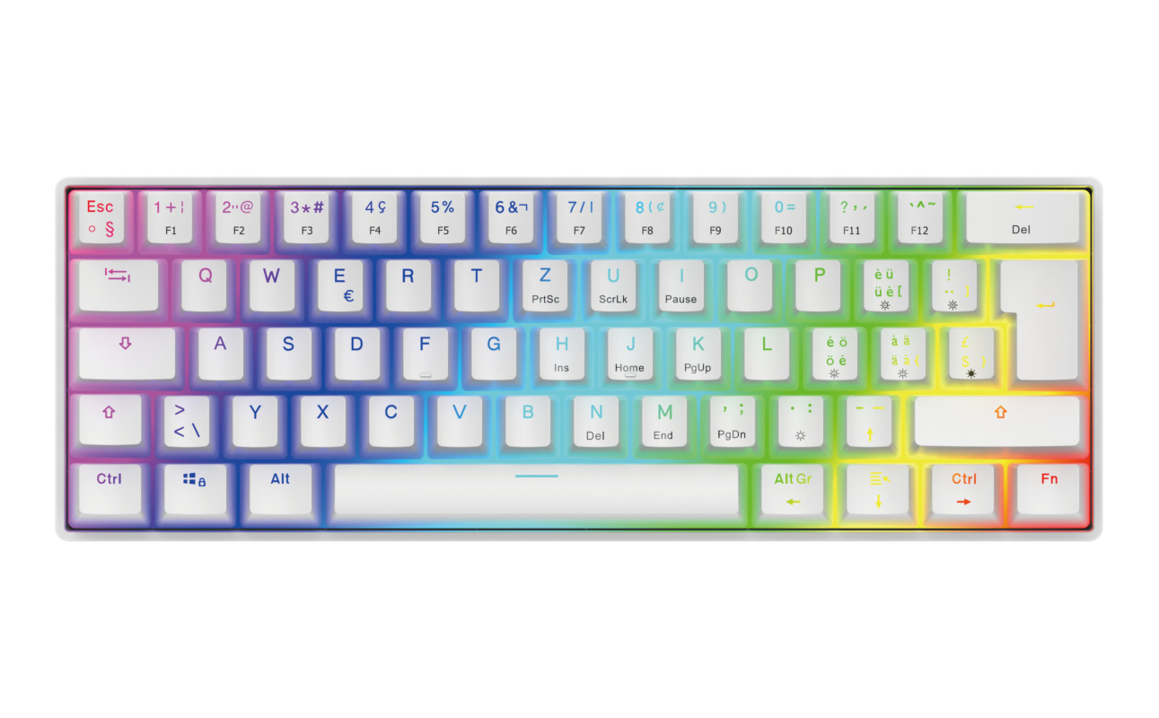 Kompakte, weiße mechanische Tastatur mit regenbogenfarbenen Tasten. Sie hat verschiedene Symbole und Buchstaben.