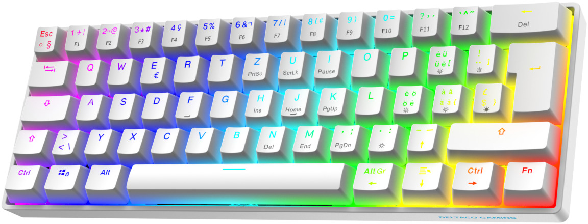 Weiße mechanische Tastatur mit beleuchteten Tasten. Tasten sind mit Buchstaben, Zahlen und Symbolen beschriftet. Regenbogenlichter.