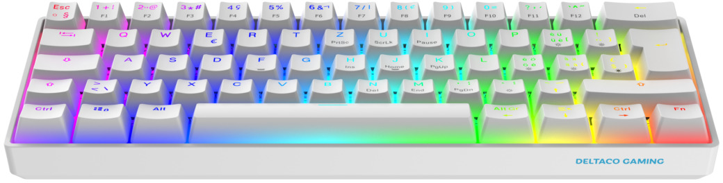 Eine weiße mechanische Tastatur mit Hintergrundbeleuchtung. Die Tasten haben verschiedene Symbole und Buchstaben, die Marke ist DELTACO GAMING.