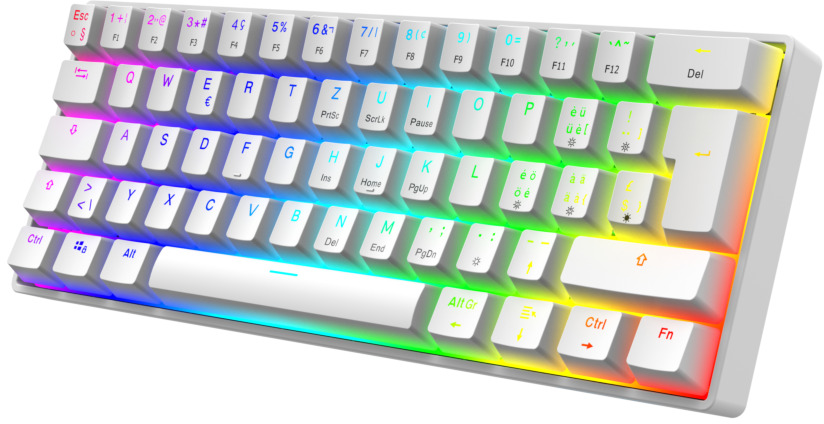 Weiße mechanische Tastatur mit Hintergrundbeleuchtung. Regenbogenfarbene Beleuchtung. Buchstaben und Symbole sind auf jeder Taste.