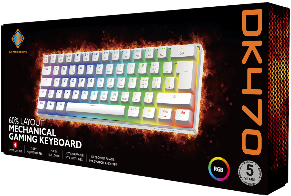 Schachtel einer weißen Gaming-Tastatur mit RGB-Beleuchtung. Die Schachtel trägt den Namen 'DK470'.
